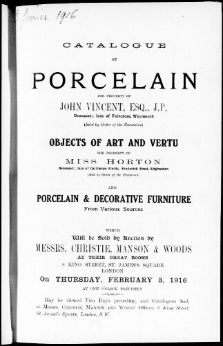 Catalogue of porcelain […] : [vente du 3 février 1916]