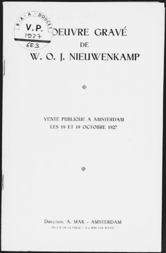 Œuvre gravé de W. O. J. Nieuwenkamp : [vente des 18 et 19 octobre 1927]
