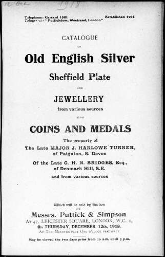 Catalogue of old English silver plate and jewellery […] : [vente du 12 décembre 1918]