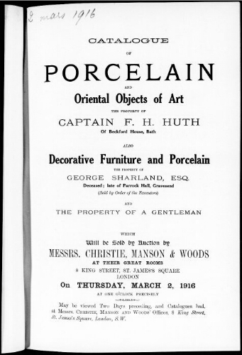 Catalogue of porcelain and Oriental objects of art […] : [vente du 2 mars 1916]