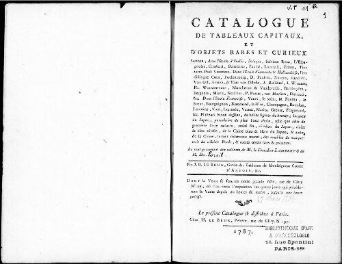 Catalogue de tableaux capitaux, et d'objets rares et curieux [...] : [vente du 27 mars 1787]