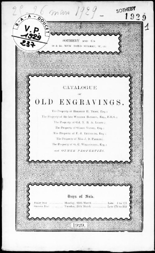 Catalogue of old engravings [...], the property of Herbert H. Trist [...] : [vente des 25 et 26 mars 1929]