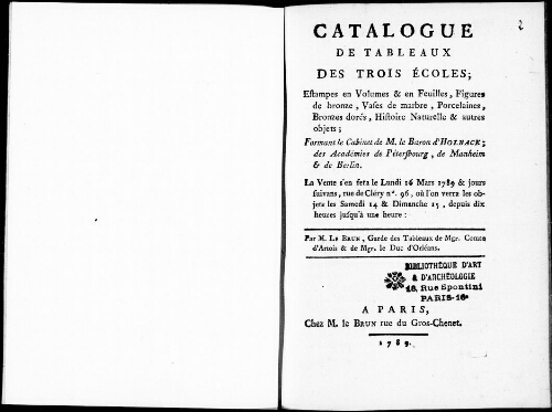 Catalogue de tableaux des trois écoles, estampes en volumes et en feuilles [...] : [vente du 16 mars 1789]