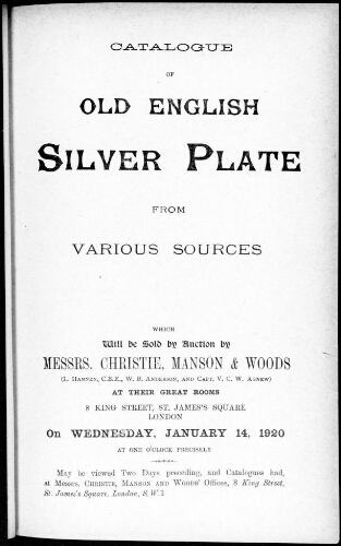 Catalogue of old English silver plate from various sources [...] : [vente du 14 janvier 1920]