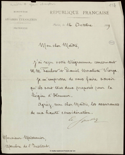 Lettre du Ministère des Affaires Etrangères à Jean-Louis-Ernest Meissonier, 14 octobre 1889