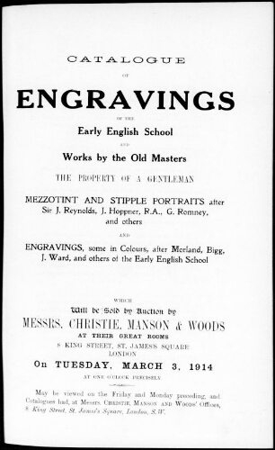 Catalogue of engravings of the early English school and works by the old masters [...] : [vente du 3 mars 1914]