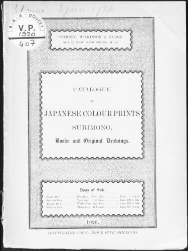 Catalogue of Japanese colour prints, surimono, books and original drawings : [vente du 31 mai au 3 juin 1920]