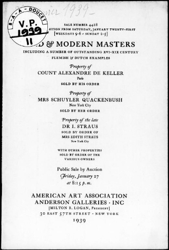 Old and modern masters including a number of outstanding XVI-XIX century Flemish and Dutch examples […] : [vente du 27 janvier 1939]