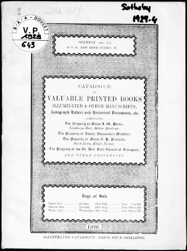 Catalogue of valuable printed books, illuminated and other manuscripts [...], Major J. W. Burns [...] : [vente du 22 au 24 juillet 1929]