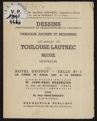 Dessins, principalement de l'École Française du XVIIIème siècle [...] : [vente du 26 avril 1941]