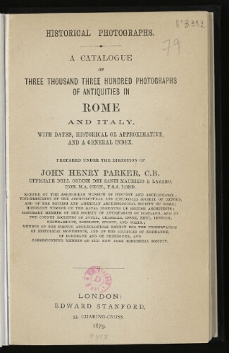 Historical photographs : A catalogue of three thousand three hundred photographs of antiquities in Rome and Italy [...]