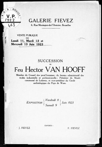 Succession de feu Hector Van Hooff, membre du Conseil des prud'hommes [...] : [vente du 11 au 13 juin 1923]