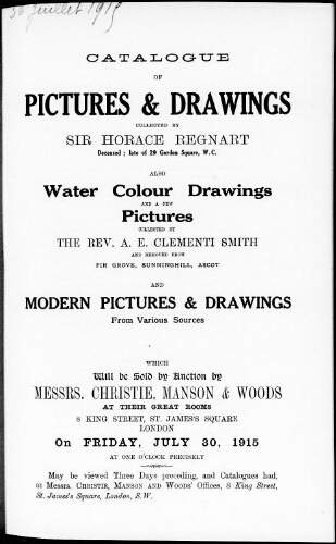 Catalogue of pictures and drawings [...] : [vente du 30 juillet 1915]