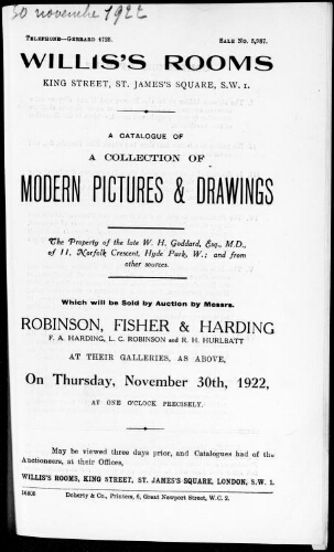 Catalogue of a collection of modern pictures and drawings, the property of the late W. H. Goddard, Esq. [...] : [vente du 30 novembre 1922]