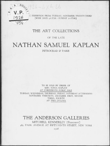 Art collections of the late Nathan Samuel Kaplan, Petrograd and Paris : [vente du 30 novembre au 4 décembre 1926]