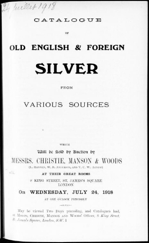 Catalogue of old English and foreign silver […] : [vente du 24 juillet 1918]