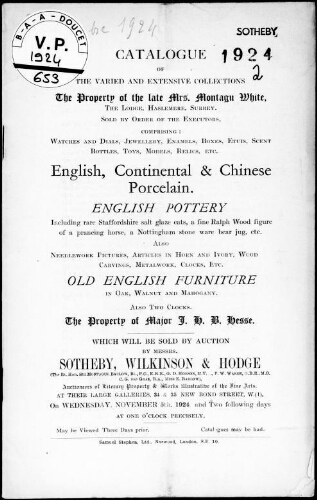 Catalogue of the varied and extensive collections, the property of the late Mrs. Montagu White [...] : [vente du 5 au 7 novembre 1924]
