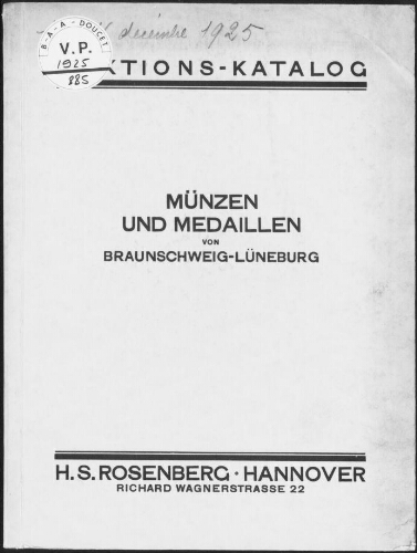 Münzen und Medaillen von Braunschweig-Lüneburg : [vente du 15 décembre 1925]