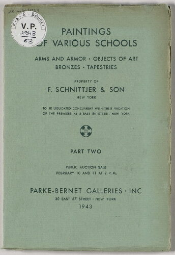 Property of F. Schnittjer and Son [...], Paintings of various schools [...]. Part 2 : [vente des 10 et 11 février 1943]