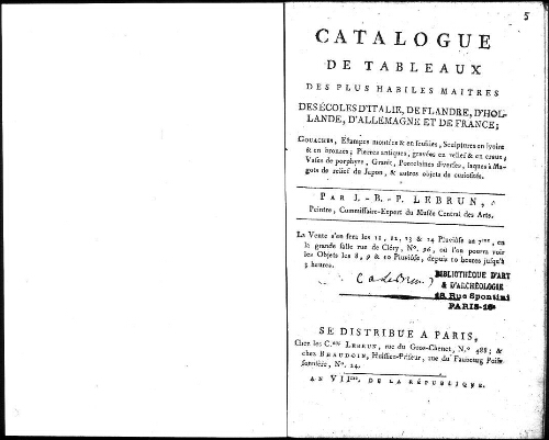 Catalogue de tableaux des plus habiles maîtres [...] : [vente du 30 janvier 1799]