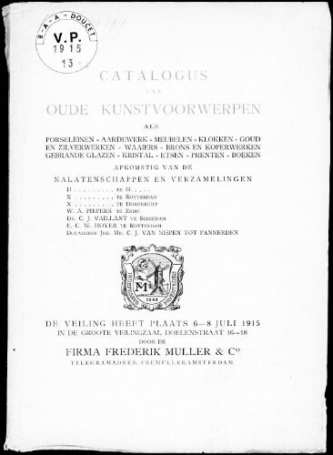 Catalogus van oude kunstvoorwerpen […] : [vente du 6 au 8 juillet 1915]