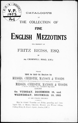 Catalogue of the collection of fine English mezzotints, the property of Fritz Reiss, Esq. [...] : [vente des 18 et 19 décembre 1923]