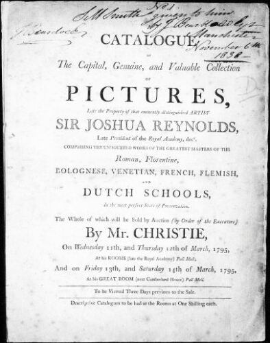 Catalogue of the capital, genuine, and valuable collection of pictures, late the property of that eminently distinguished artist Sir Joshua Reynolds [...] : [vente du 13 mars 1795]