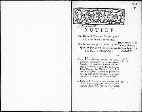 Notice de dessins et estampes des plus grands maîtres en feuilles et en volumes [...] : [vente du 29 juillet 1777]