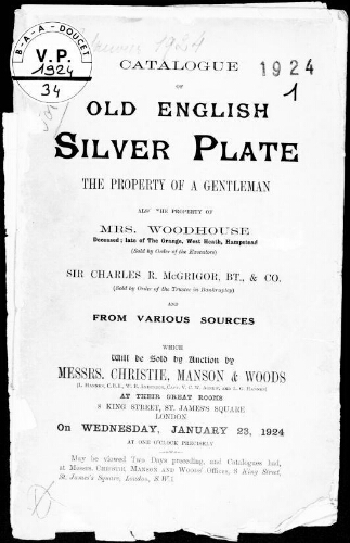 Catalogue of old English silver plate [...] : [vente du 23 janvier 1924]