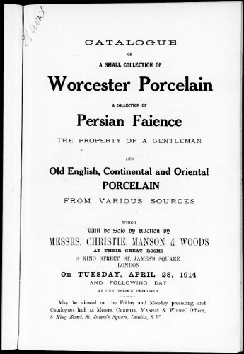 Catalogue of a small collection of Worcester porcelain [...] : [vente du 28 avril 1914]