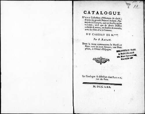 Catalogue d'une collection d'estampes de choix d'après les grands peintres italiens, flamands et français [...] : [vente du 27 mars 1770]