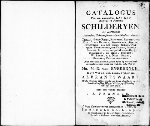 Catalogus van een uitmuntend Kabinet Konstige en Plaisante Schilderyen [...] : [vente du 28 mai 1766]