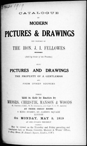 Catalogue of modern pictures and drawings [...] : [vente du 5 mai 1919]