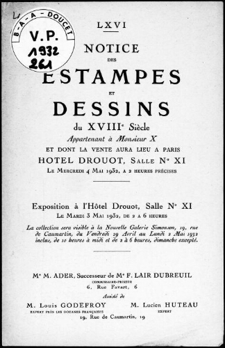 Notice des estampes et dessins du XVIIIe siècle appartenant à Monsieur X : [vente du 4 mai 1932]