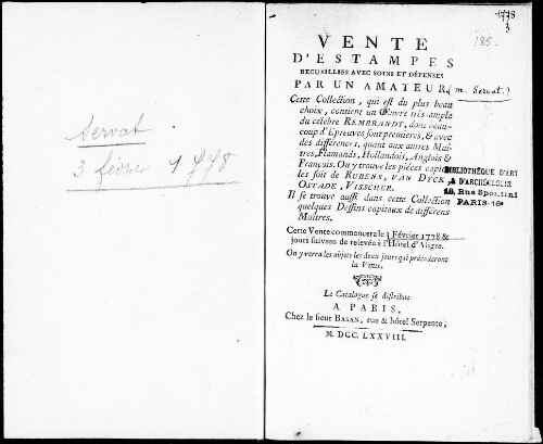 Vente d'estampes recueillies avec soins et dépenses par un amateur [...] : [vente du 3 février 1778]