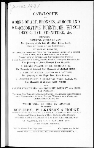 Catalogue of works of art, bronzes, armour and weapons, old English and French decorative furniture [...] : [vente du 31 janvier 1921]