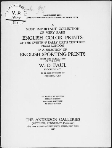 Most important collection of very rare English color prints [...] from the collection of the late W. D. Faul [...] : [vente du 11 décembre 1925]