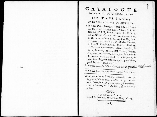 Catalogue d'une précieuse collection de tableaux et d'objets rares et curieux [...] : [vente du 10 décembre 1787]