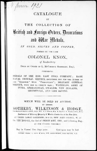 Catalogue of the Collection of British and Foreign Orders, Decorations and War Medals [...] : [vente des 3 et 4 février 1921]