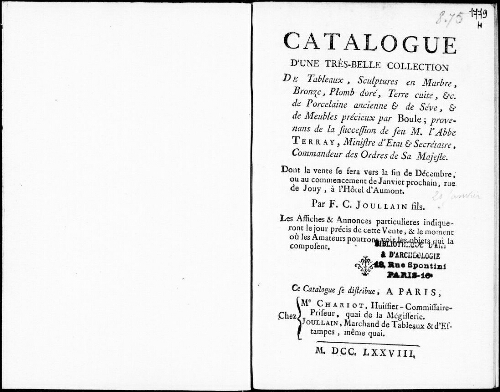 Catalogue d'une très-belle collection de tableaux, sculptures en marbre, bronze, plomb doré, terre cuite [...] : [vente du 20 janvier 1779]
