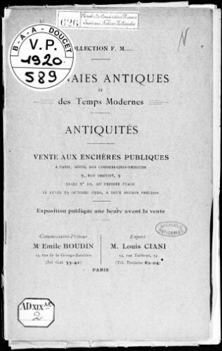 Collection F. M. Monnaies antiques et des Temps modernes, antiquités : [vente du 25 octobre 1920]