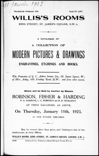 Catalogue of a collection of modern pictures & drawings, engravings, etchings and books [...] : [vente du 11 janvier 1923]