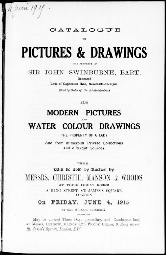 Catalogue of pictures and drawings […] : [vente du 4 juin 1915]