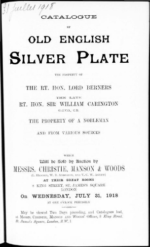 Catalogue of old English silver plate […] : [vente du 31 juillet 1918]