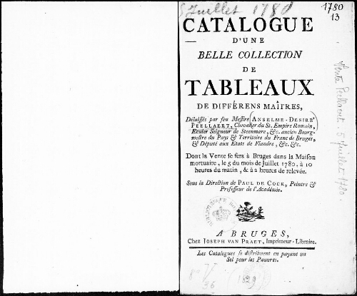 Catalogue d’une belle collection de tableaux de différents maîtres [...] : [vente du 5 juillet 1780]