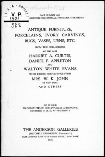 Antique furniture, porcelains, ivory carvings [...] : [vente du 17 au 19 novembre 1921]