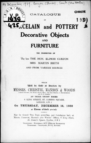Catalogue of porcelain and pottery, decorative objects and furniture [...] : [vente du 14 décembre 1939]
