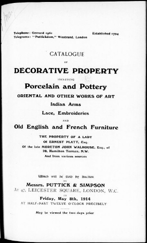 Catalogue of decorative property including property and pottery Oriental and other works of art [...] : [vente du 8 mai 1914]