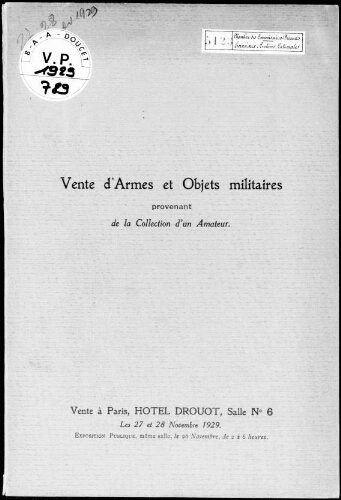 Vente d'armes et objets militaires provenant de la collection d'un amateur : [vente des 27 et 28 novembre 1929]