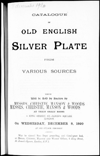 Catalogue of Old English Silver Plate from Various Sources [...] : [vente du 8 décembre 1920]